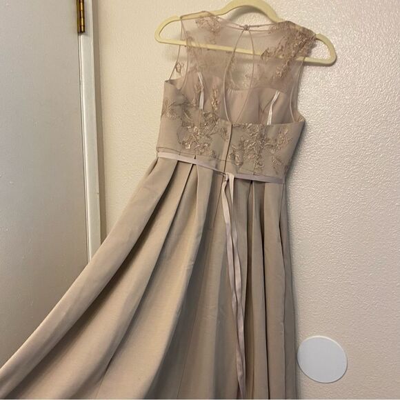 OLEG CASSINI beige biscotti illusion lace formal dress bridesmaid wedding gown 4 - Picture 4 of 16